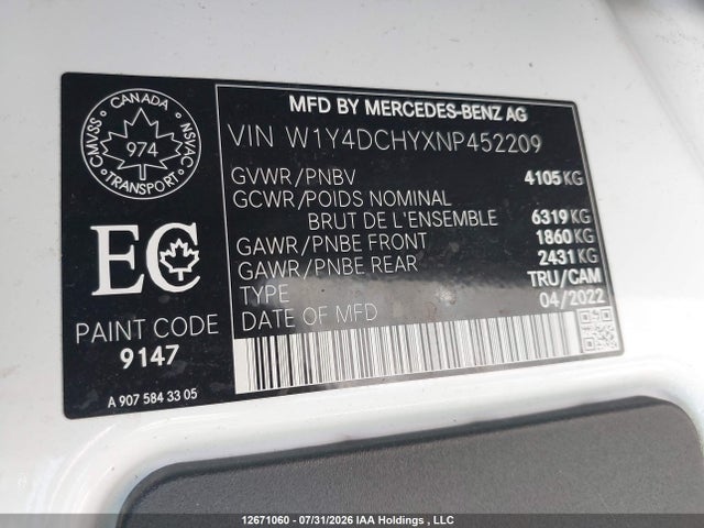 12671060 :رقم المزاد ، W1Y4DCHYXNP452209 vin ، 2022 Mercedes-benz Sprinter 2500 مزاد بيع