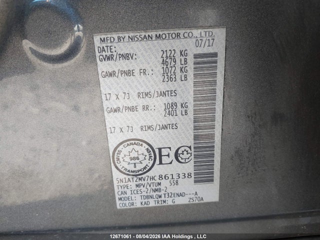 5N1AT2MV7HC861338 Nissan Rogue Sv/sl