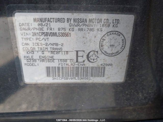 12671064 :رقم المزاد ، 3N1CP5BV0ML530561 vin ، 2021 Nissan Kicks S مزاد بيع