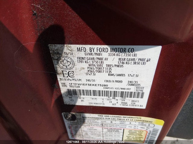 Продажа на аукционе авто 2014 Ford F-150 Fx4/king Ranch/lariat/platinum/xlt, vin: 1FTFW1EF5EKE75280, номер лота: 12671065