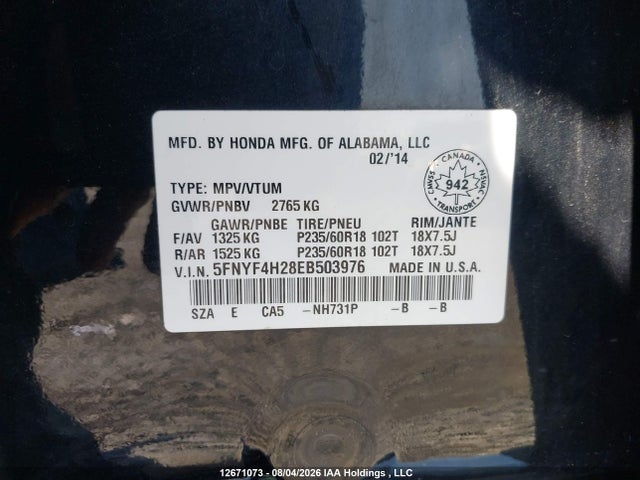 Honda Pilot 2014 5FNYF4H28EB503976 Image 9