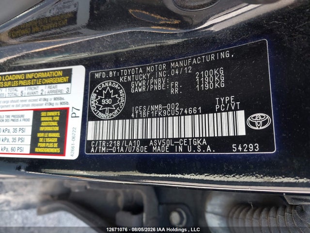 Aukcja sprzedaży 2012 Toyota Camry Se/le/xle, vin: 4T1BF1FK9CU574661, numer aukcji: 12671076