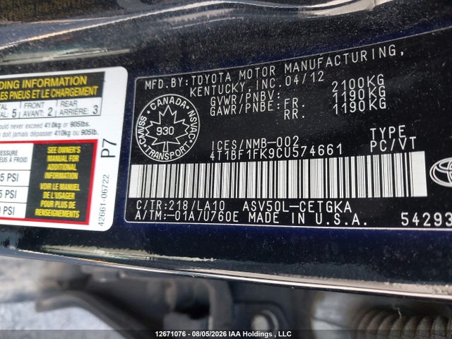 Aukcja sprzedaży 2012 Toyota Camry Se/le/xle, vin: 4T1BF1FK9CU574661, numer aukcji: 12671076
