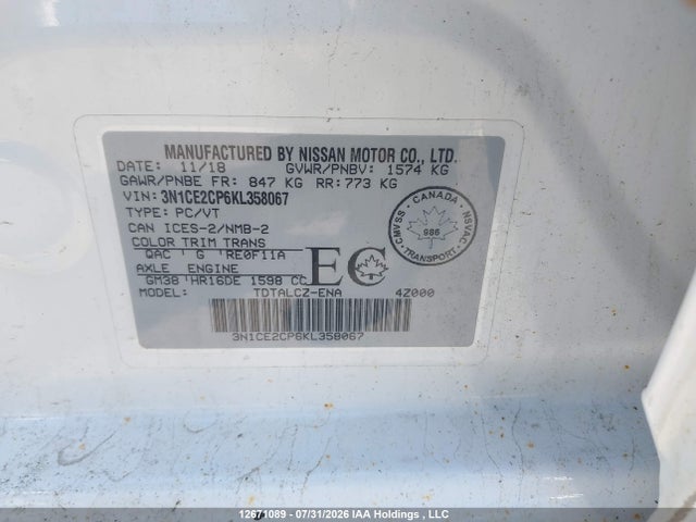 Aukcja sprzedaży 2019 Nissan Versa Note S/sr/sv, vin: 3N1CE2CP6KL358067, numer aukcji: 12671089