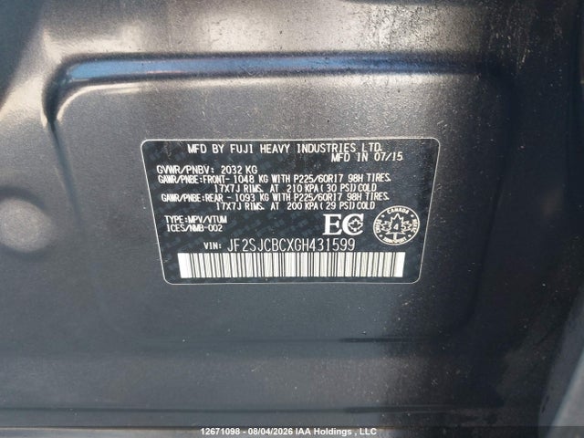 12671098 :رقم المزاد ، JF2SJCBCXGH431599 vin ، 2016 Subaru Forester 2.5i مزاد بيع