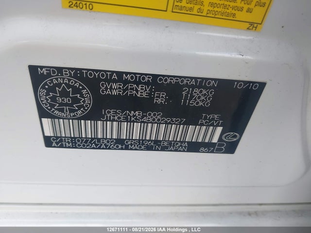 12671111 :رقم المزاد ، JTHCE1KS4B0029327 vin ، 2011 Lexus Gs 350 350 مزاد بيع