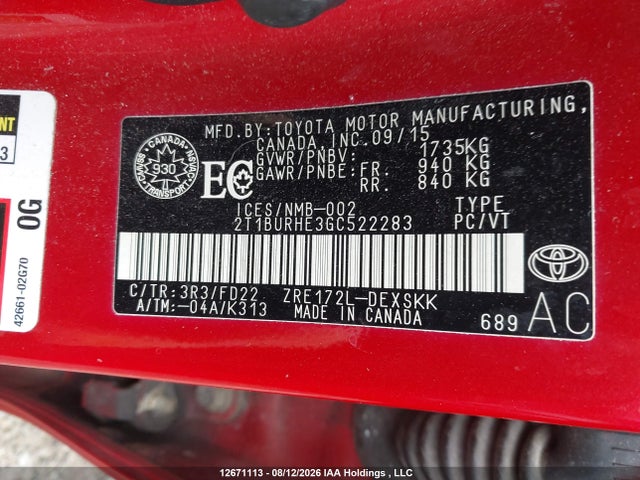 2T1BURHE3GC522283 Toyota Corolla L/le/le Pls/prm/s/s Pls