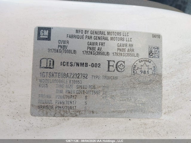 Aukcja sprzedaży 2010 Gmc Sierra K1500, vin: 1GTSKTE08AZ232792, numer aukcji: 12671126
