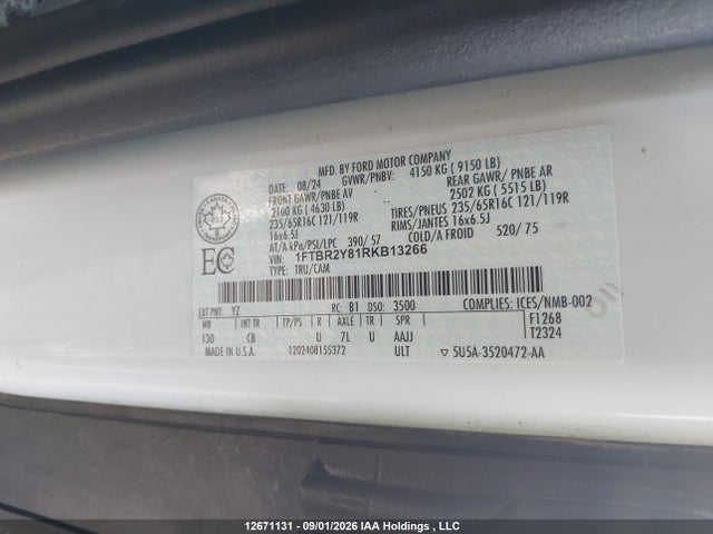 Продаж на аукціоні авто 2024 Ford Transit T-250, vin: 1FTBR2Y81RKB13266, номер лоту: 12671131