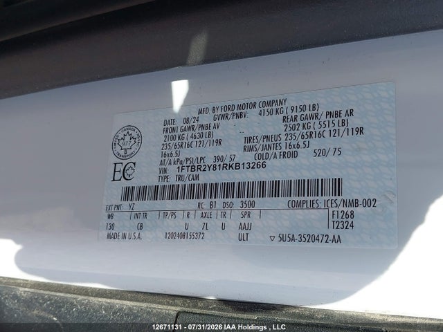 Продаж на аукціоні авто 2024 Ford Transit T-250, vin: 1FTBR2Y81RKB13266, номер лоту: 12671131