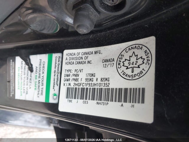 2HGFC1F93JH101352 Honda Civic Touring