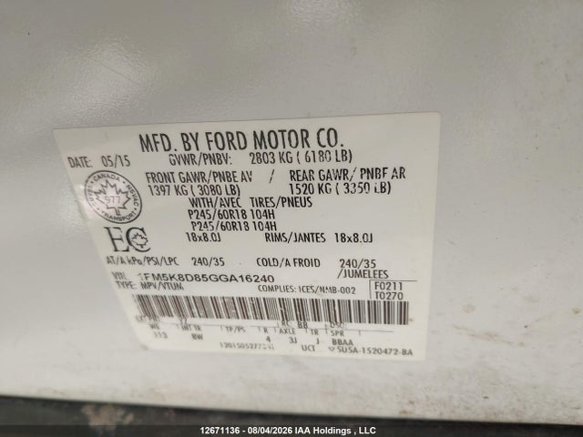 1FM5K8D85GGA16240 Ford EXPLORER XLT