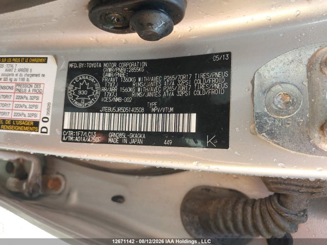 12671142 :رقم المزاد ، JTEBU5JR5D5140508 vin ، 2013 Toyota 4runner Sr5/limited/trail مزاد بيع