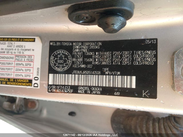 12671142 :رقم المزاد ، JTEBU5JR5D5140508 vin ، 2013 Toyota 4runner Sr5/limited/trail مزاد بيع