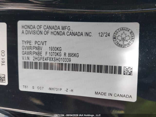 2025 Honda Civic Sport Hybrid/sport Touring Hybrid მანქანა იყიდება აუქციონზე, vin: 2HGFE4F8XSH010339, აუქციონის ნომერი: 12671154