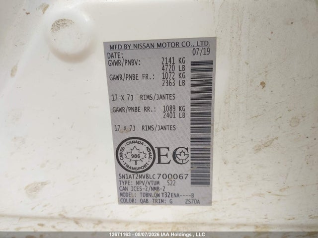 12671163 :رقم المزاد ، 5N1AT2MV8LC700067 vin ، 2020 Nissan Rogue S/sl/sv مزاد بيع