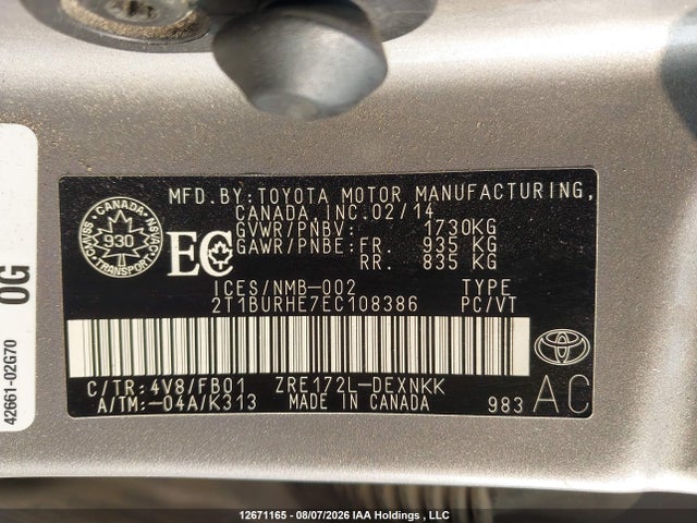 2T1BURHE7EC108386 Toyota COROLLA LE