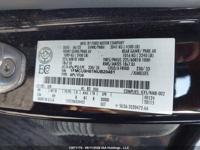 1FMCU9H61NUB20481 Ford ESCAPE SEL