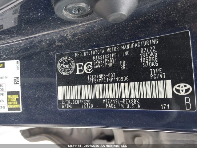Продаж на аукціоні авто 2022 Toyota Corolla Se, vin: 5YFB4MBE1NP110906, номер лоту: 12671174