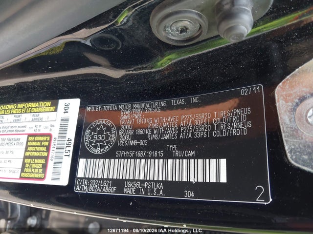 Aukcja sprzedaży 2011 Toyota Tundra Crewmax Limited, vin: 5TFHY5F16BX191815, numer aukcji: 12671194