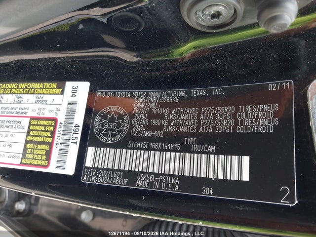 Aukcja sprzedaży 2011 Toyota Tundra Crewmax Limited, vin: 5TFHY5F16BX191815, numer aukcji: 12671194