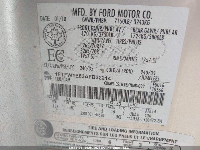 12671195 :رقم المزاد ، 1FTFW1E83AFB32214 vin ، 2010 Ford F-150 Xlt مزاد بيع
