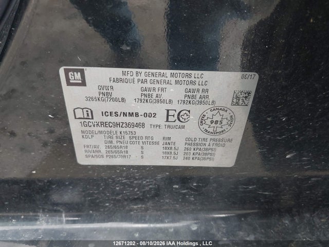 2017 Chevrolet Silverado K1500 Lt მანქანა იყიდება აუქციონზე, vin: 1GCVKREC9HZ369468, აუქციონის ნომერი: 12671202
