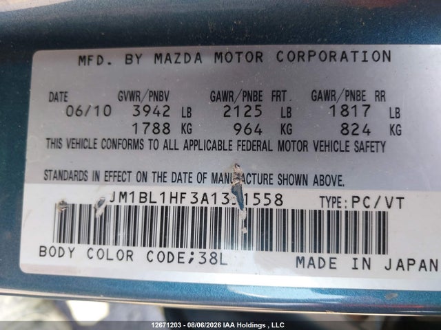 Aukcja sprzedaży 2010 Mazda 3 I, vin: JM1BL1HF3A1351558, numer aukcji: 12671203