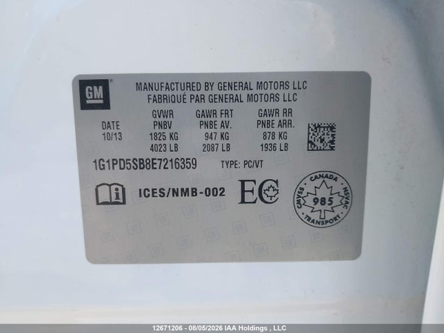 1G1PD5SB8E7216359 Chevrolet CRUZE LT