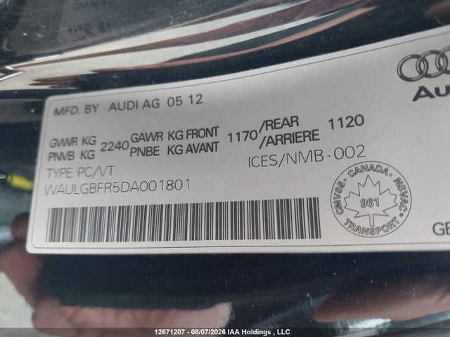12671207 :رقم المزاد ، WAULGBFR5DA001801 vin ، 2013 Audi S5 مزاد بيع