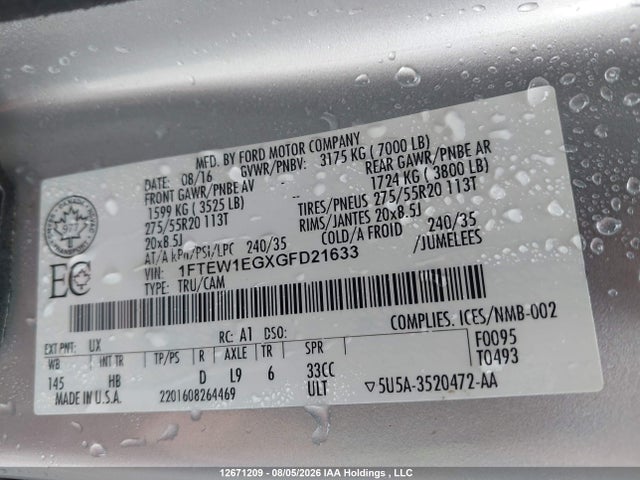 12671209 :رقم المزاد ، 1FTEW1EGXGFD21633 vin ، 2016 Ford F150 Supercrew مزاد بيع