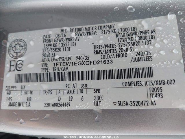 12671209 :رقم المزاد ، 1FTEW1EGXGFD21633 vin ، 2016 Ford F150 Supercrew مزاد بيع