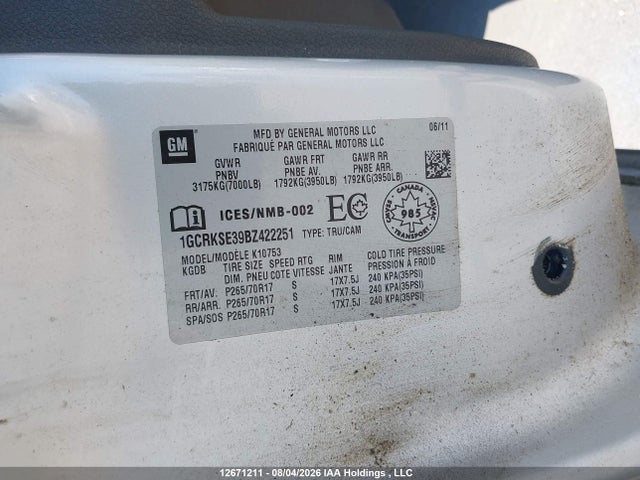 2011 Chevrolet Silverado 1500 მანქანა იყიდება აუქციონზე, vin: 1GCRKSE39BZ422251, აუქციონის ნომერი: 12671211