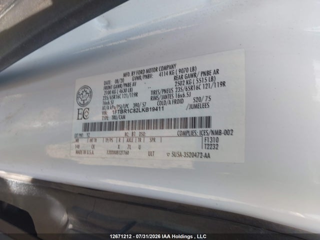 Aukcja sprzedaży 2020 Ford Transit-250 Cargo, vin: 1FTBR1C82LKB19411, numer aukcji: 12671212
