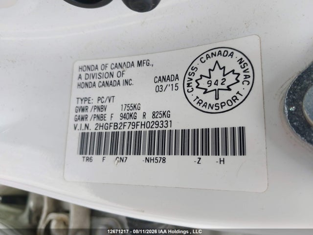 Honda CIVIC SE 2015 2HGFB2F79FH029331 Image 9