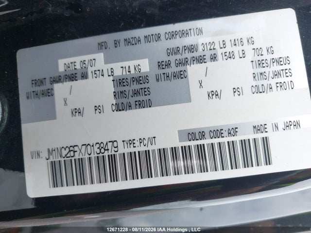 Aukcja sprzedaży 2007 Mazda Mx-5 Miata, vin: JM1NC26FX70138479, numer aukcji: 12671228