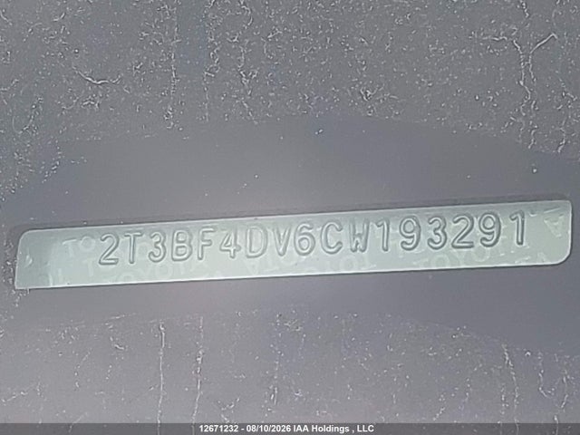 12671232 :رقم المزاد ، 2T3BF4DV6CW193291 vin ، 2012 Toyota Rav4 مزاد بيع