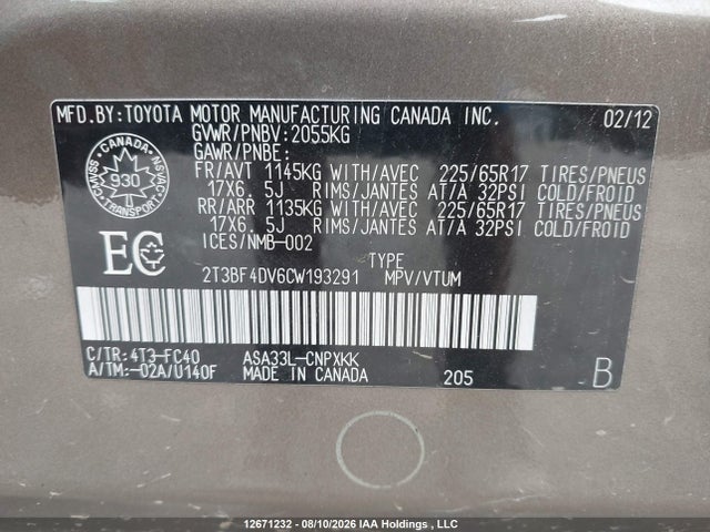 12671232 :رقم المزاد ، 2T3BF4DV6CW193291 vin ، 2012 Toyota Rav4 مزاد بيع