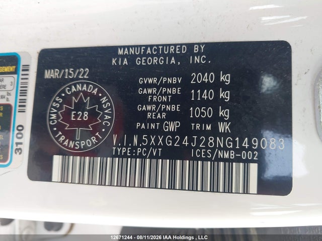 2022 Kia K5 Lx მანქანა იყიდება აუქციონზე, vin: 5XXG24J28NG149083, აუქციონის ნომერი: 12671244