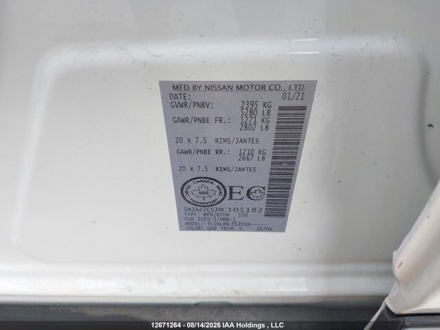 Продажа на аукционе авто 2021 Nissan Murano Sl, vin: 5N1AZ2CS3MC105182, номер лота: 12671264