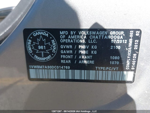 Aukcja sprzedaży 2013 Volkswagen Passat 3.6l Comfortline, vin: 1VWBM7A30DC014769, numer aukcji: 12671267