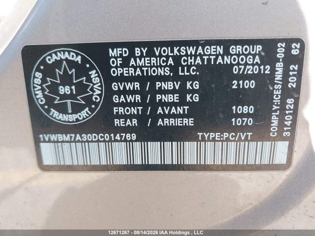 Aukcja sprzedaży 2013 Volkswagen Passat 3.6l Comfortline, vin: 1VWBM7A30DC014769, numer aukcji: 12671267