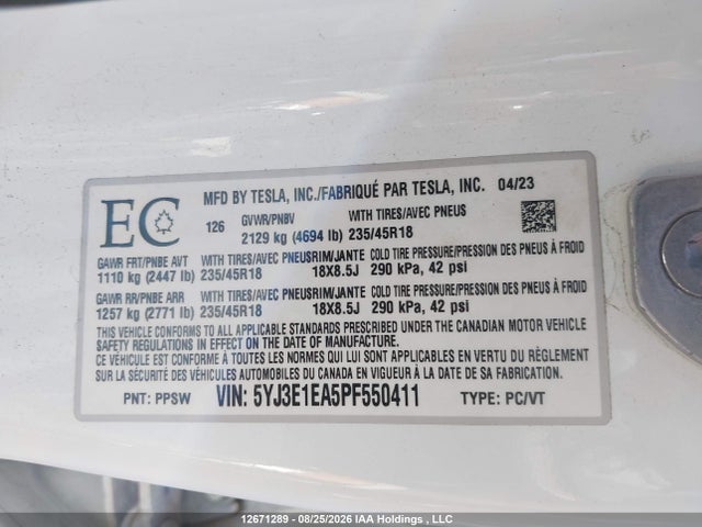 5YJ3E1EA5PF550411 Tesla Model 3 Rwd