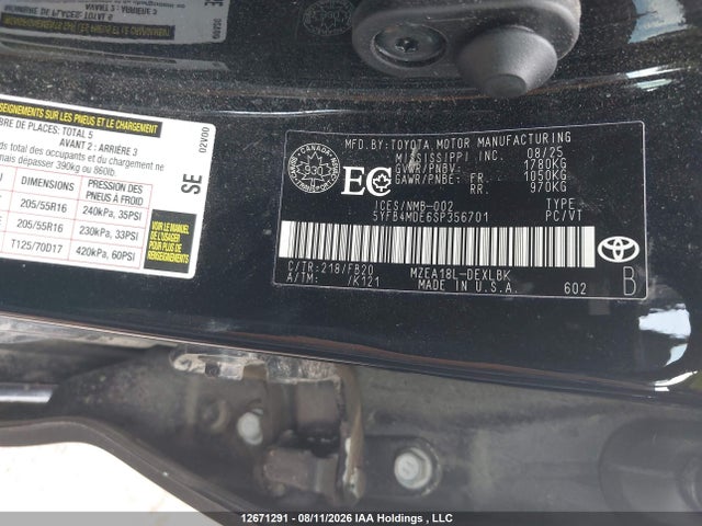 12671291 :رقم المزاد ، 5YFB4MDE6SP356701 vin ، 2025 Toyota Corolla Le مزاد بيع