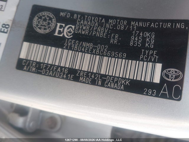 Продажа на аукционе авто 2011 Toyota Corolla Ce, vin: 2T1BU4EEXBC669569, номер лота: 12671298
