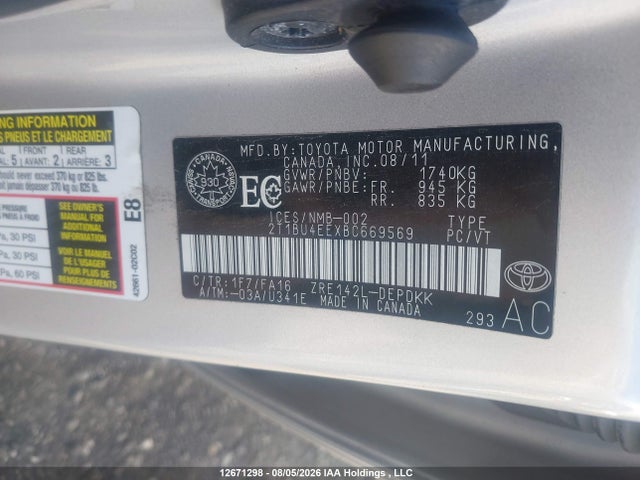 Продажа на аукционе авто 2011 Toyota Corolla Ce, vin: 2T1BU4EEXBC669569, номер лота: 12671298