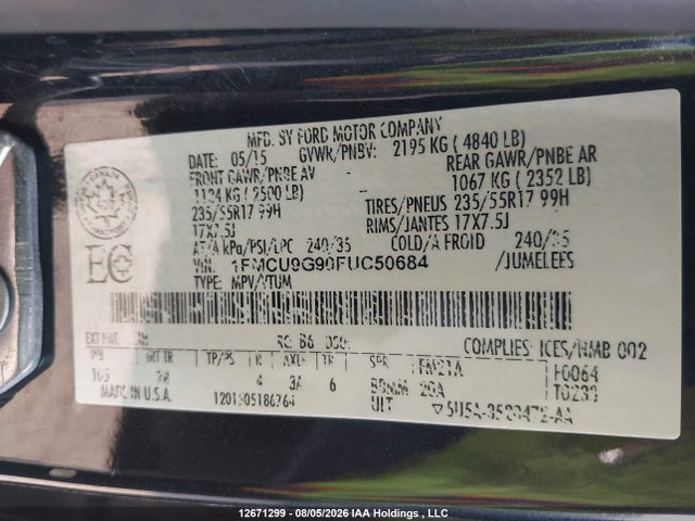 Ford ESCAPE SE 2015 1FMCU9G90FUC50684 Image 19