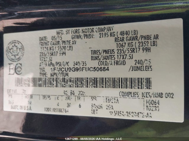 Ford ESCAPE SE 2015 1FMCU9G90FUC50684 Image 9