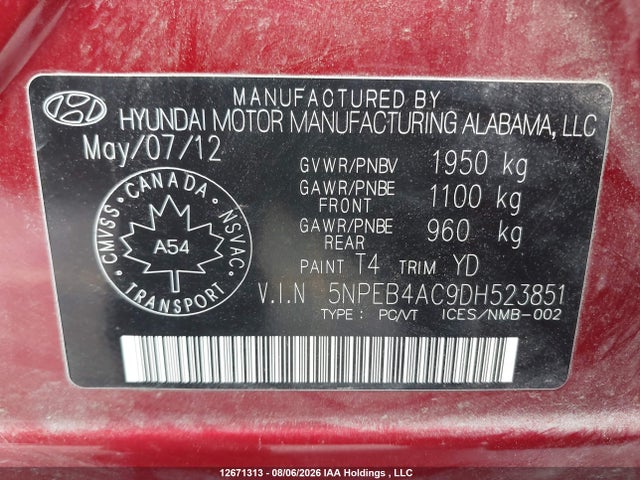 2013 Hyundai Sonata Gl მანქანა იყიდება აუქციონზე, vin: 5NPEB4AC9DH523851, აუქციონის ნომერი: 12671313