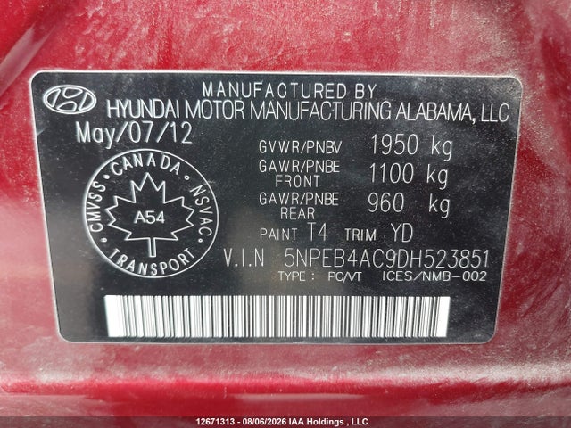 2013 Hyundai Sonata Gl მანქანა იყიდება აუქციონზე, vin: 5NPEB4AC9DH523851, აუქციონის ნომერი: 12671313